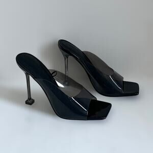 Forever 21 Sleek Square Open Toe Transparent Smoky Vinyl Slip On Spool Heels 8.5